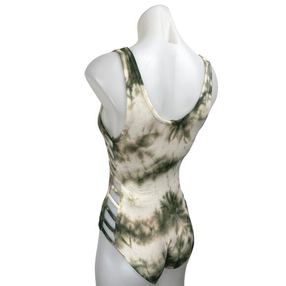 Don't Ask Why Green Cream Tie Dye Ribbed Knit Sleeveless Tank Bodysuit Top OS - Picture 2 of 3
